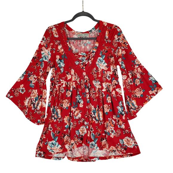 Red Floral Y2K Babydoll Ruffle Tunic Top M Flare Sleeves Boho Hippie Asymmetric - Picture 1 of 12